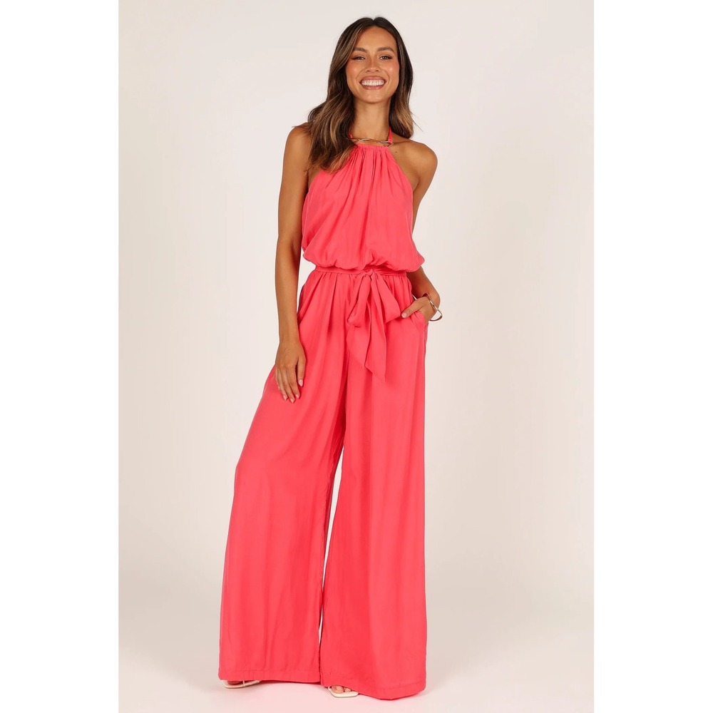 NWT Petal & Pup | Dionne Halter Jumpsuit XL Flamingo Pink Wide Leg Gold Ring